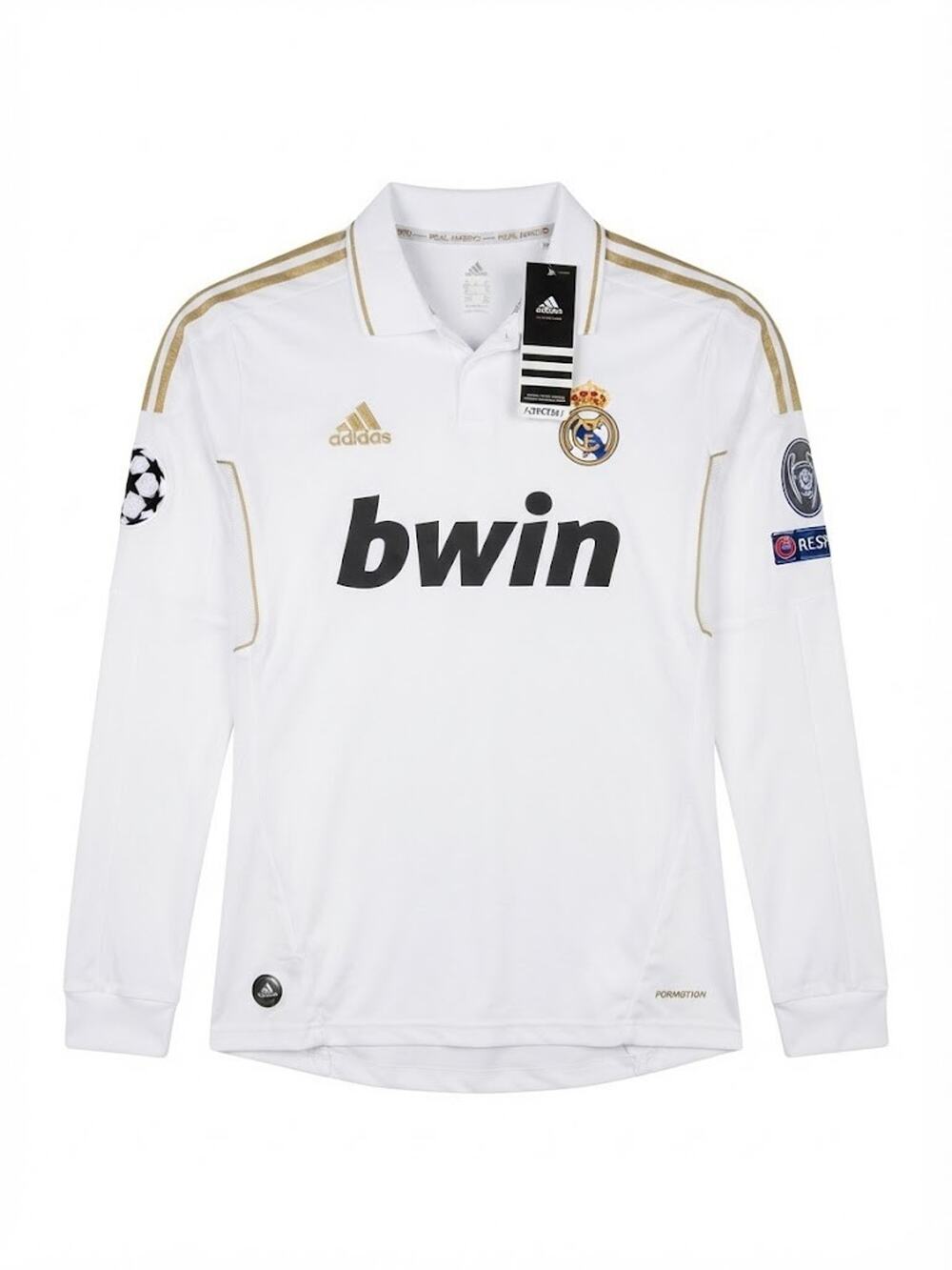 Real Madrid Home Long Sleeve Soccer Jersey 2011/2012 bwin Adidas White Size L